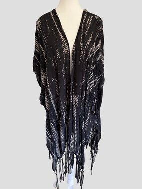 Black Print Lace Trim Fringe Boho Summer Kimono Coverup- O/S